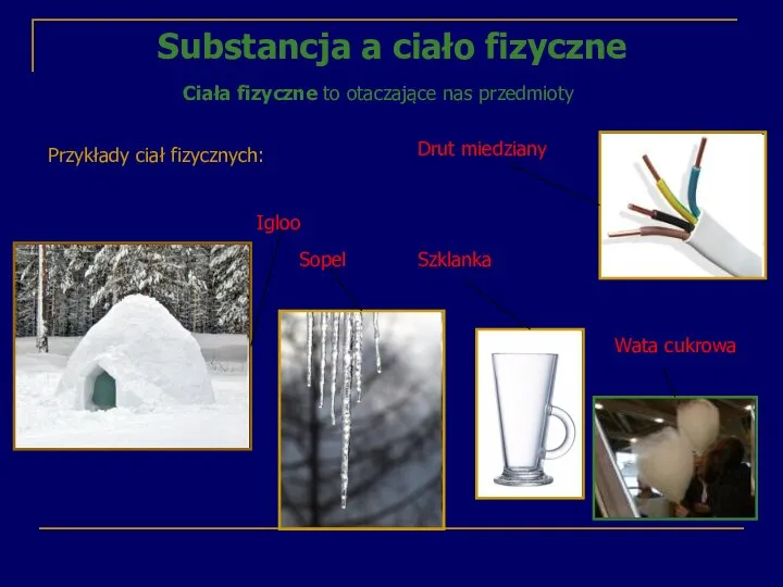 Substancja a ciało fizyczne Ciała fizyczne to otaczające nas przedmioty Igloo