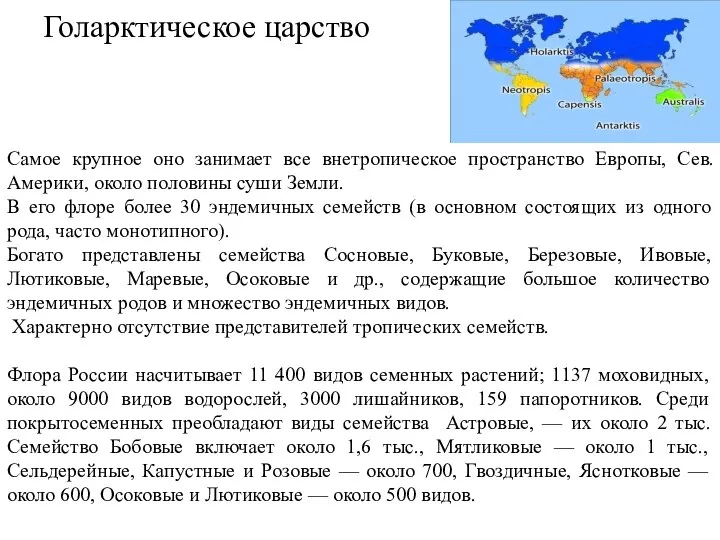 Голарктическое царство Самое крупное оно занимает все внетропическое пространство Европы, Сев.