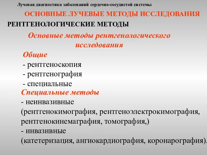 Лучевая диагностика заболеваний сердечно-сосудистой системы РЕНТГЕНОЛОГИЧЕСКИЕ МЕТОДЫ ОСНОВНЫЕ ЛУЧЕВЫЕ МЕТОДЫ ИССЛЕДОВАНИЯ