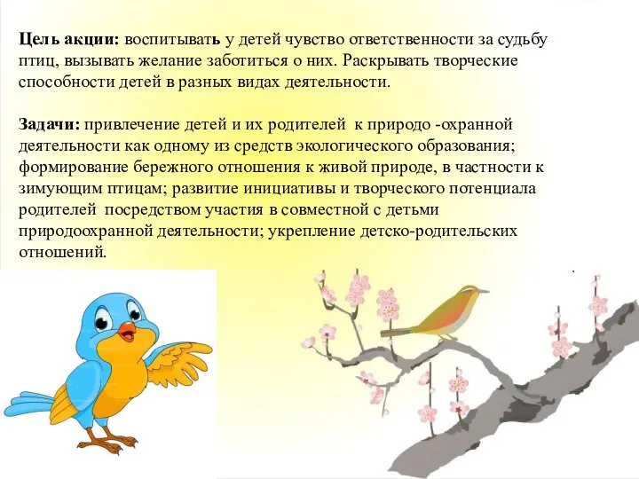 Цель акции: воспитывать у детей чувство ответственности за судьбу птиц, вызывать