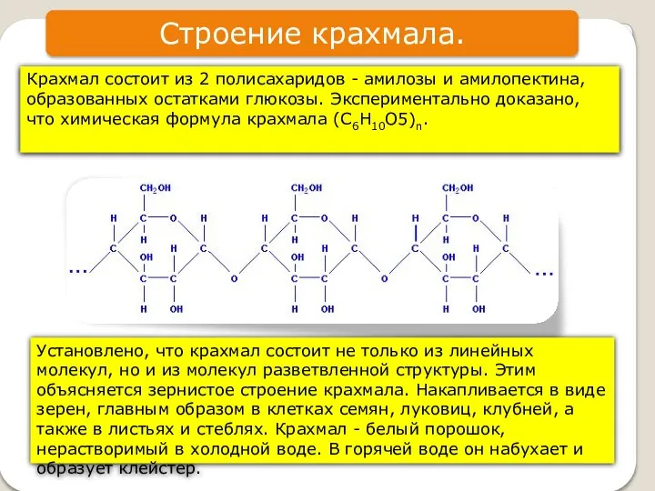 Крахмал состоит из 2 полисахаридов - амилозы и амилопектина, образованных остатками