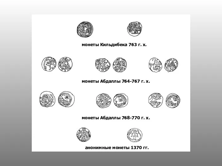монеты Кильдибека 763 г. х. монеты Абдаллы 764-767 г. х. монеты