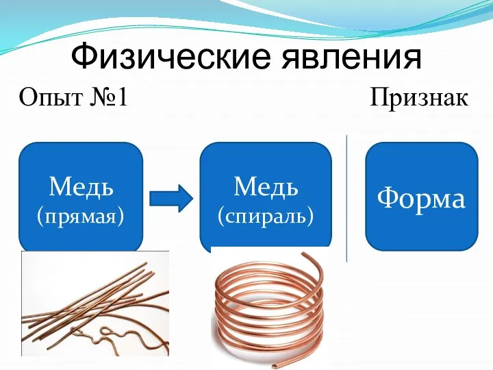 Физические явления Опыт №1 Признак Медь (прямая) Медь (спираль) Форма