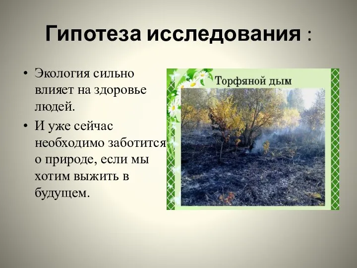 Гипотеза исследования : Экология сильно влияет на здоровье людей. И уже