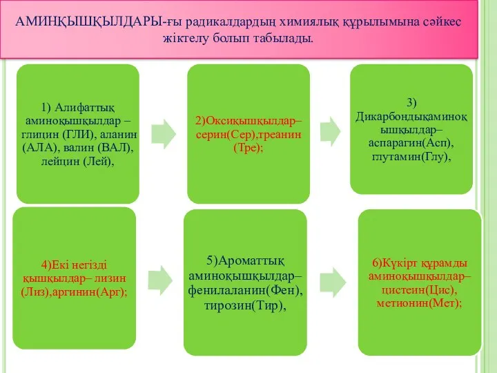 АМИНҚЫШҚЫЛДАРЫ-ғы радикалдардың химиялық құрылымына сәйкес жіктелу болып табылады.