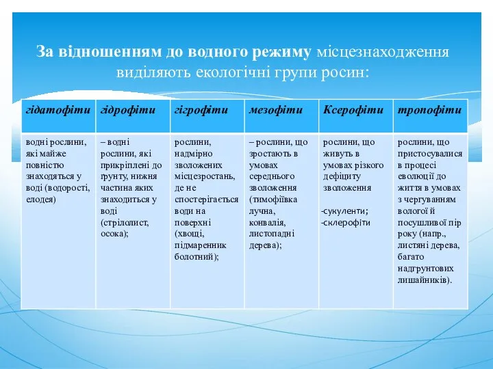 За відношенням до водного режиму місцезнаходження виділяють екологічні групи росин: