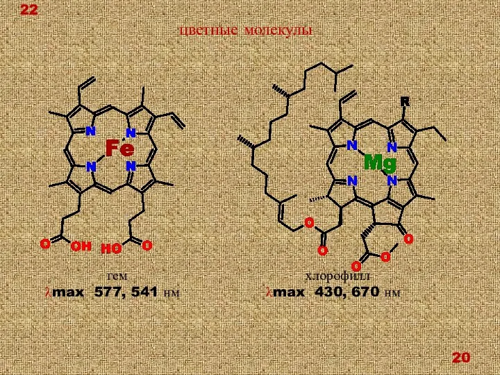 цветные молекулы гем λmax 577, 541 нм хлорофилл λmax 430, 670 нм 22