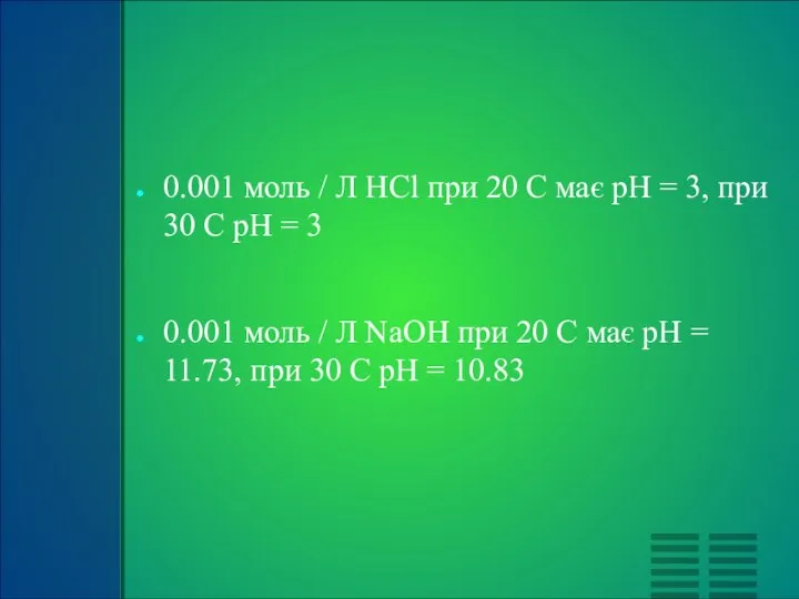 0.001 моль / Л HCl при 20 C має pH =