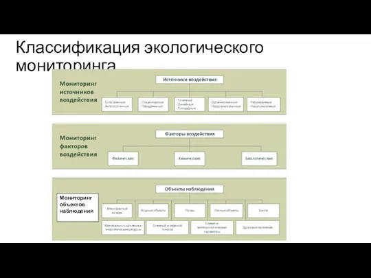 Классификация экологического мониторинга Мониторинг объектов наблюдения