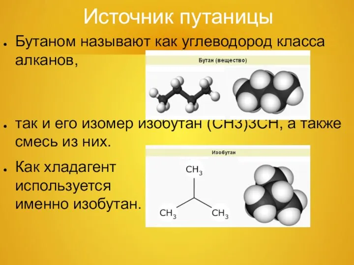 Источник путаницы Бутаном называют как углеводород класса алканов, так и его