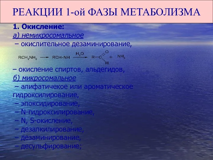 РЕАКЦИИ 1-ой ФАЗЫ МЕТАБОЛИЗМА 1. Окисление: а) немикросомальное – окислительное дезаминирование,