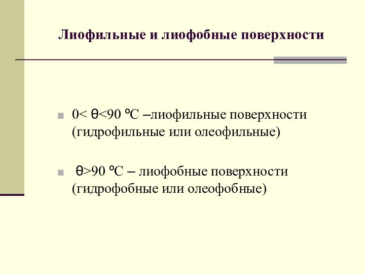 Лиофильные и лиофобные поверхности 0 θ>90 ºС – лиофобные поверхности (гидрофобные или олеофобные)