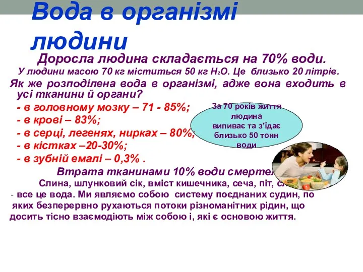 Вода в організмі людини Доросла людина складається на 70% води. У