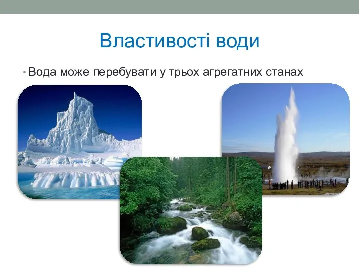 Властивості води Вода може перебувати у трьох агрегатних станах