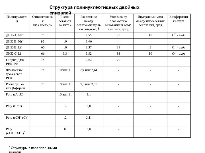 Структура полинуклеотидных двойных спиралей * Структуры с параллельными цепями