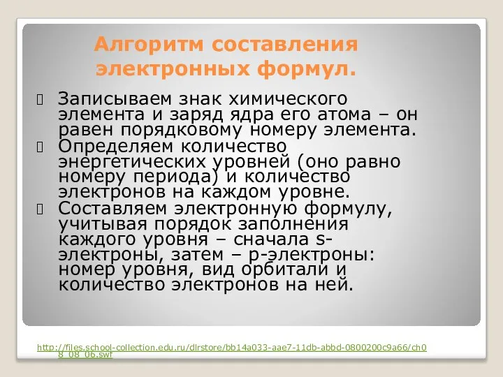 Алгоритм составления электронных формул. Записываем знак химического элемента и заряд ядра