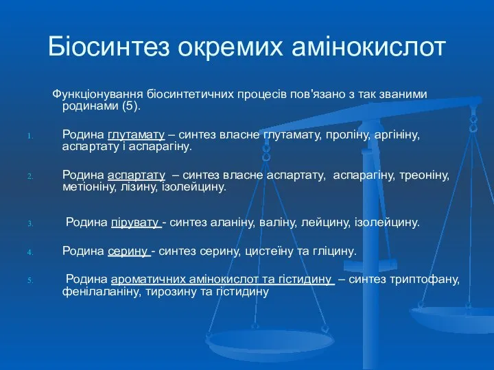 Біосинтез окремих амінокислот Функціонування біосинтетичних процесів пов'язано з так званими родинами