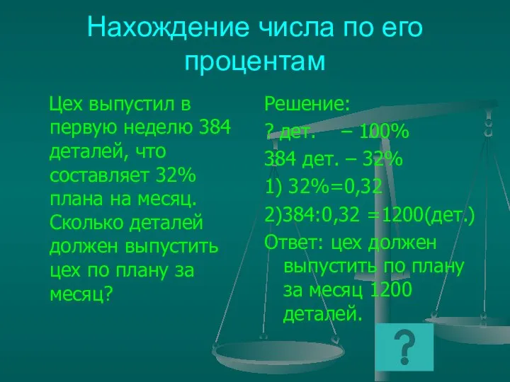 Нахождение числа по его процентам Цех выпустил в первую неделю 384