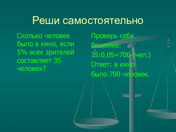 Реши самостоятельно Сколько человек было в кино, если 5% всех зрителей