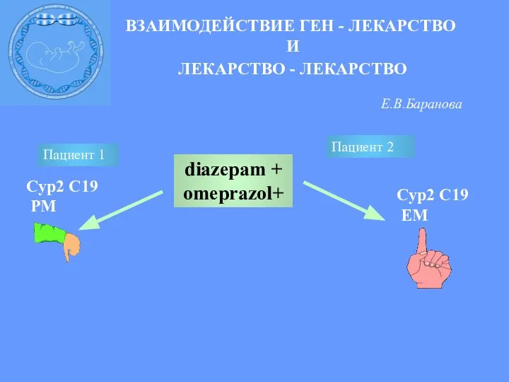 ВЗАИМОДЕЙСТВИЕ ГЕН - ЛЕКАРСТВО И ЛЕКАРСТВО - ЛЕКАРСТВО Е.В.Баранова diazepam +