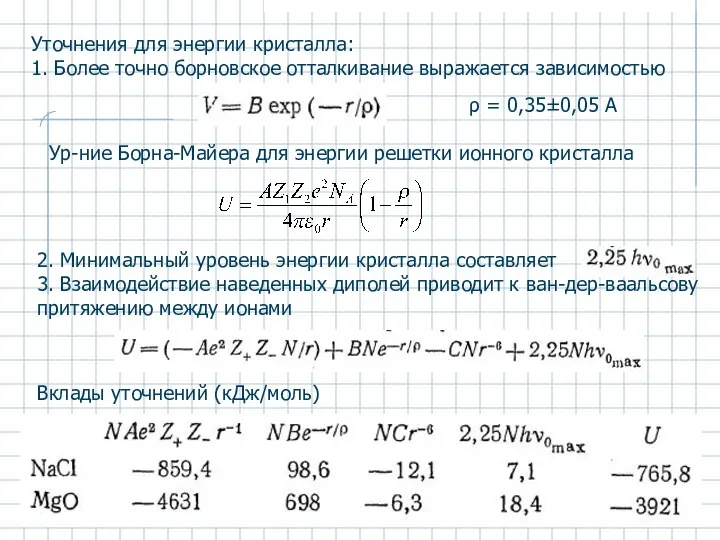 Ур-ние Борна-Майера для энергии решетки ионного кристалла ρ = 0,35±0,05 А