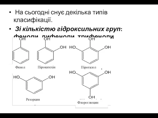 На сьогодні снує декілька типів класифікації. Зі кількістю гідроксильних груп: феноли, дифеноли, трифеноли