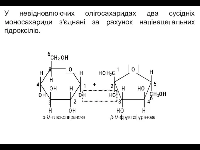 У невідновлюючих олігосахаридах два сусідніх моносахариди з'єднані за рахунок напівацетальних гідроксілів.