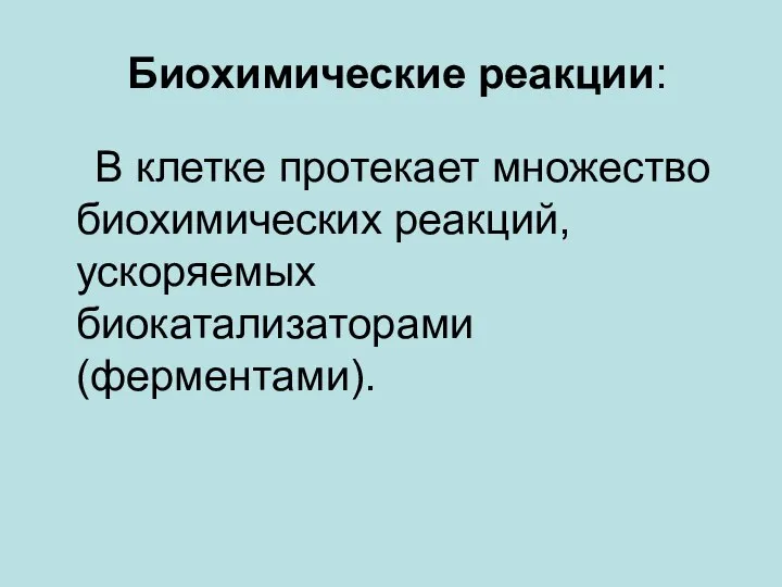 Биохимические реакции: В клетке протекает множество биохимических реакций, ускоряемых биокатализаторами (ферментами).