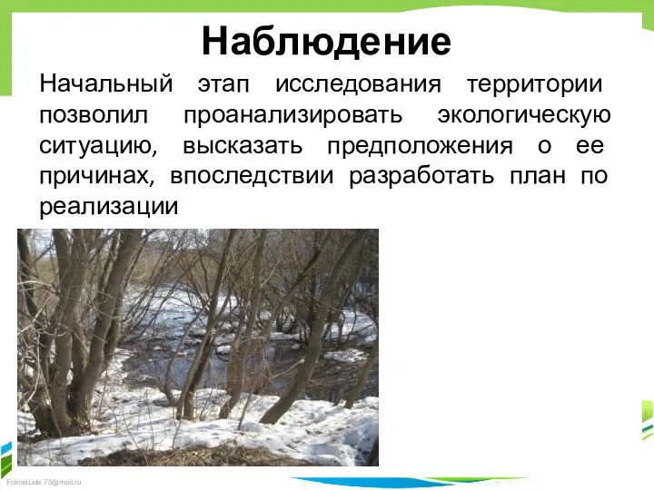 Наблюдение Начальный этап исследования территории позволил проанализировать экологическую ситуацию, высказать предположения