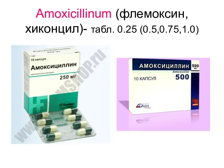 Amoxicillinum (флемоксин, хиконцил)- табл. 0.25 (0.5,0.75,1.0)