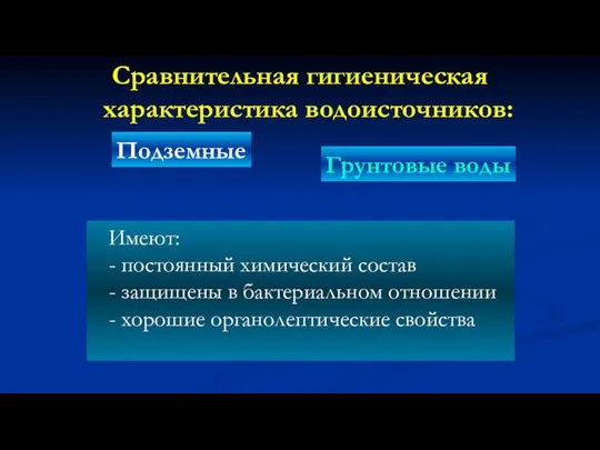 Сравнительная гигиеническая характеристика водоисточников: Подземные Имеют: - постоянный химический состав -