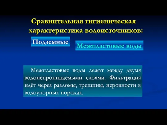 Сравнительная гигиеническая характеристика водоисточников: Подземные Межпластовые воды Межпластовые воды лежат между