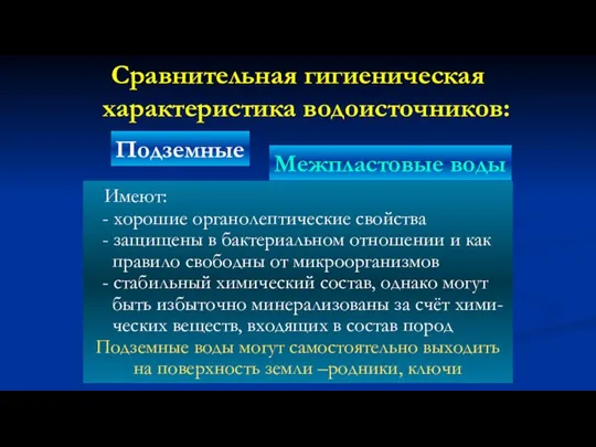 Сравнительная гигиеническая характеристика водоисточников: Подземные Межпластовые воды Имеют: - хорошие органолептические