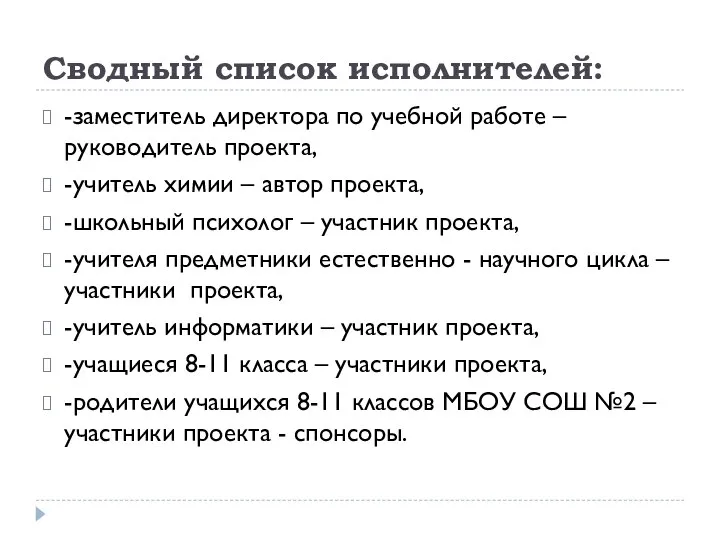 Сводный список исполнителей: -заместитель директора по учебной работе – руководитель проекта,