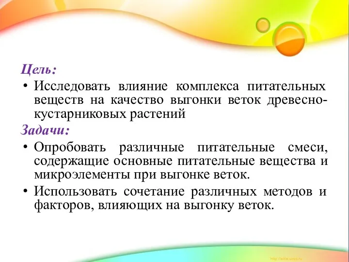 Цель: Исследовать влияние комплекса питательных веществ на качество выгонки веток древесно-кустарниковых