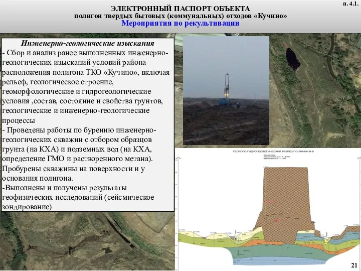 ЭЛЕКТРОННЫЙ ПАСПОРТ ОБЪЕКТА полигон твердых бытовых (коммунальных) отходов «Кучино» Мероприятия по рекультивации п. 4.1.