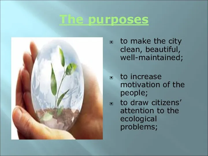 The purposes to make the city clean, beautiful, well-maintained; to increase