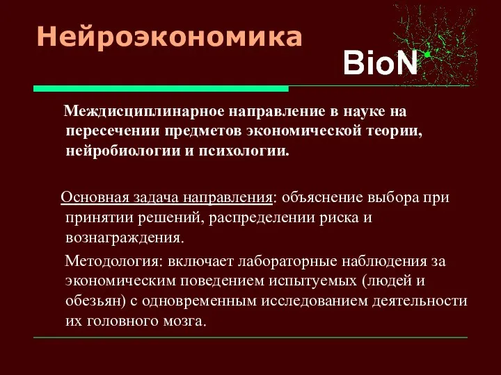 Нейроэкономика Междисциплинарное направление в науке на пересечении предметов экономической теории, нейробиологии