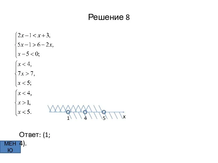 Решение 8 МЕНЮ х 1 4 5 Ответ: (1; 4).