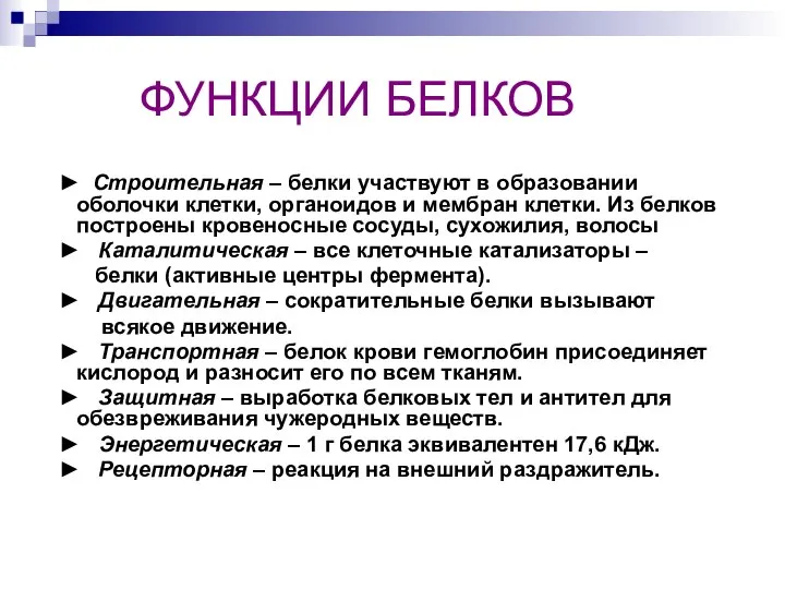 ФУНКЦИИ БЕЛКОВ ► Строительная – белки участвуют в образовании оболочки клетки,