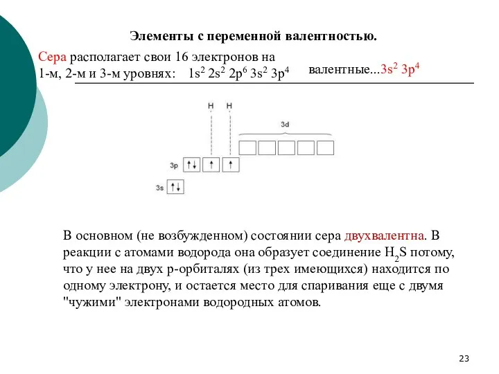 Элементы с переменной валентностью. Сера располагает свои 16 электронов на 1-м,