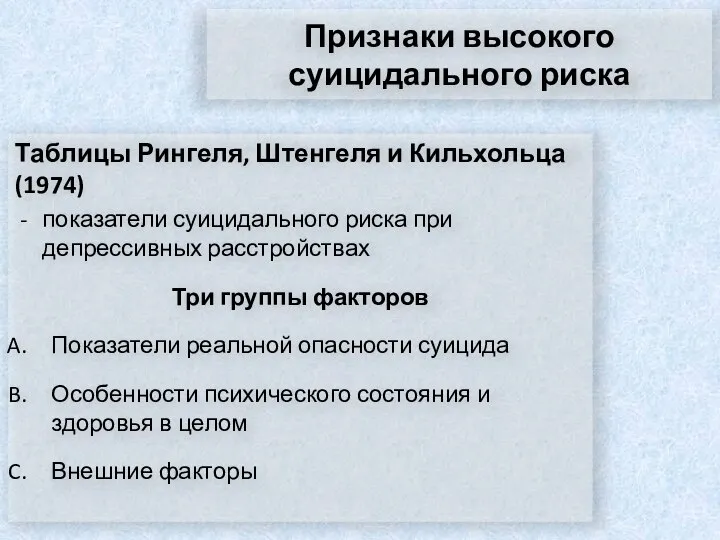 Признаки высокого суицидального риска Таблицы Рингеля, Штенгеля и Кильхольца (1974) показатели