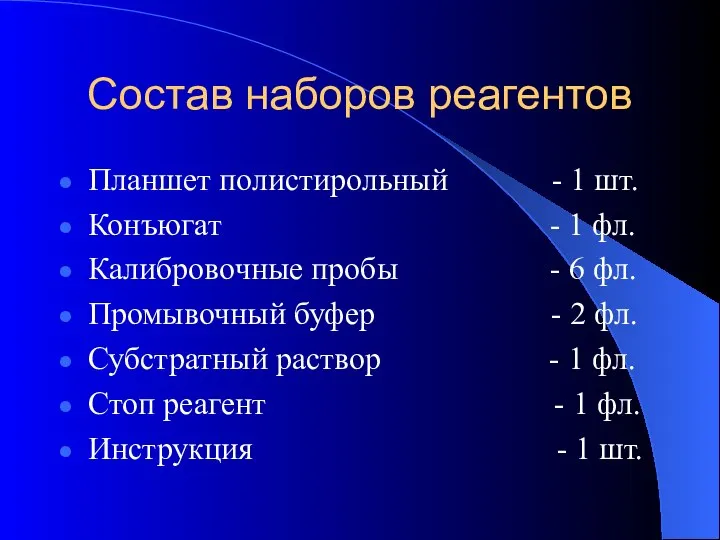 Состав наборов реагентов Планшет полистирольный - 1 шт. Конъюгат - 1