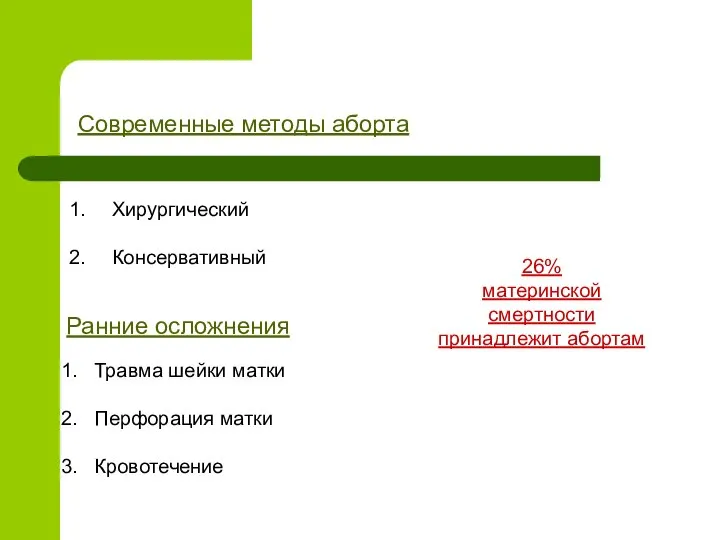 Хирургический Консервативный Современные методы аборта Травма шейки матки Перфорация матки Кровотечение