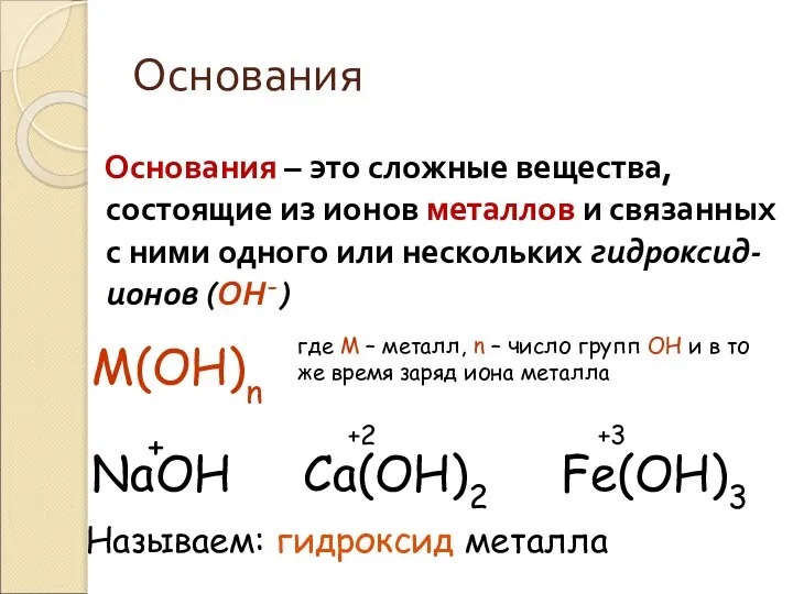 Основания Основания – это сложные вещества, состоящие из ионов металлов и