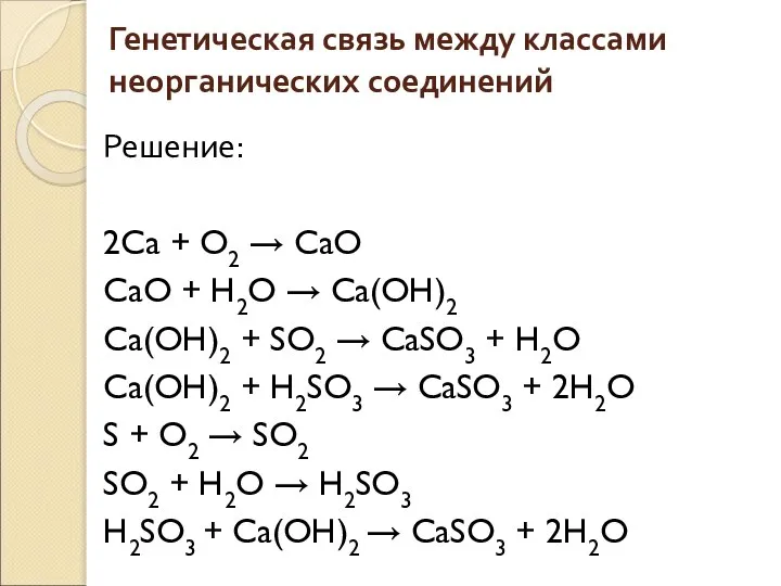 Генетическая связь между классами неорганических соединений Решение: 2Ca + O2 →