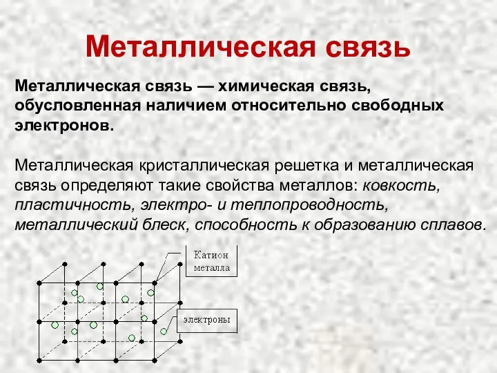 Металлическая связь Металлическая связь — химическая связь, обусловленная наличием относительно свободных