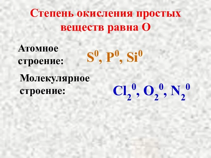 Степень окисления простых веществ равна О S0, P0, Si0 Cl20, O20, N20 Атомное строение: Молекулярное строение: