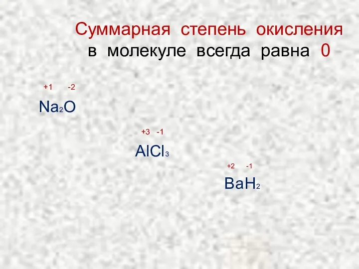 Суммарная степень окисления в молекуле всегда равна 0 +1 -2 Na2O