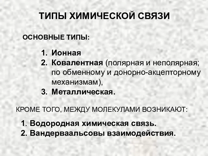 ТИПЫ ХИМИЧЕСКОЙ СВЯЗИ Ионная Ковалентная (полярная и неполярная; по обменному и